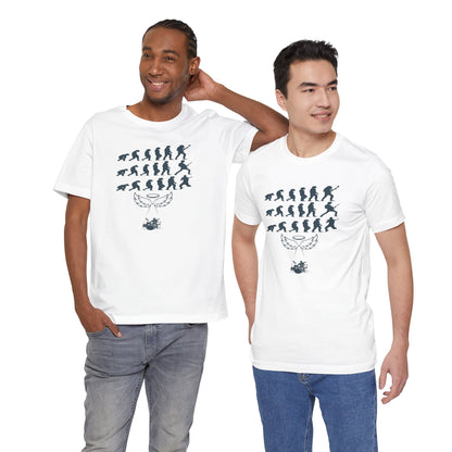 Two men wearing white t-shirts with graphic designs on a white background