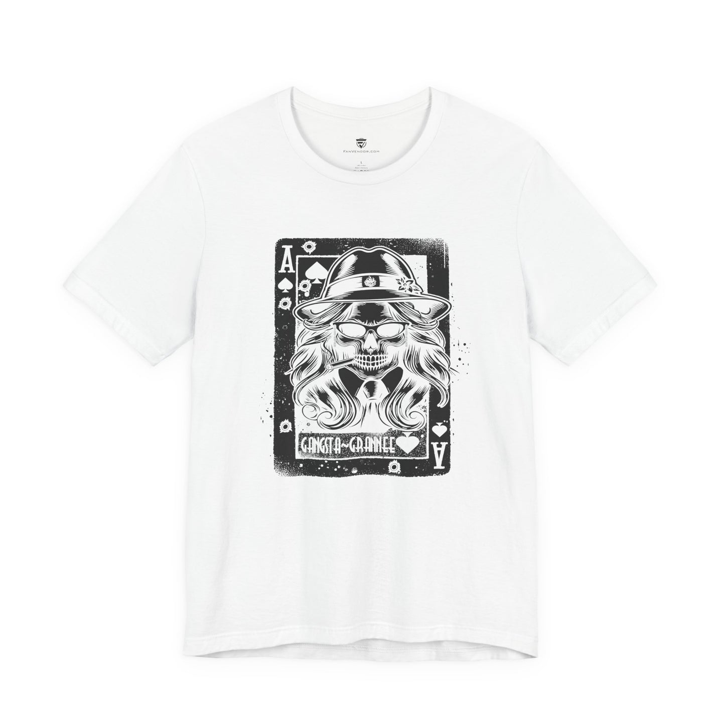 White t-shirt with black graphic design on a white background