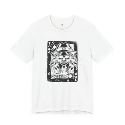 White t-shirt with black graphic design on a white background