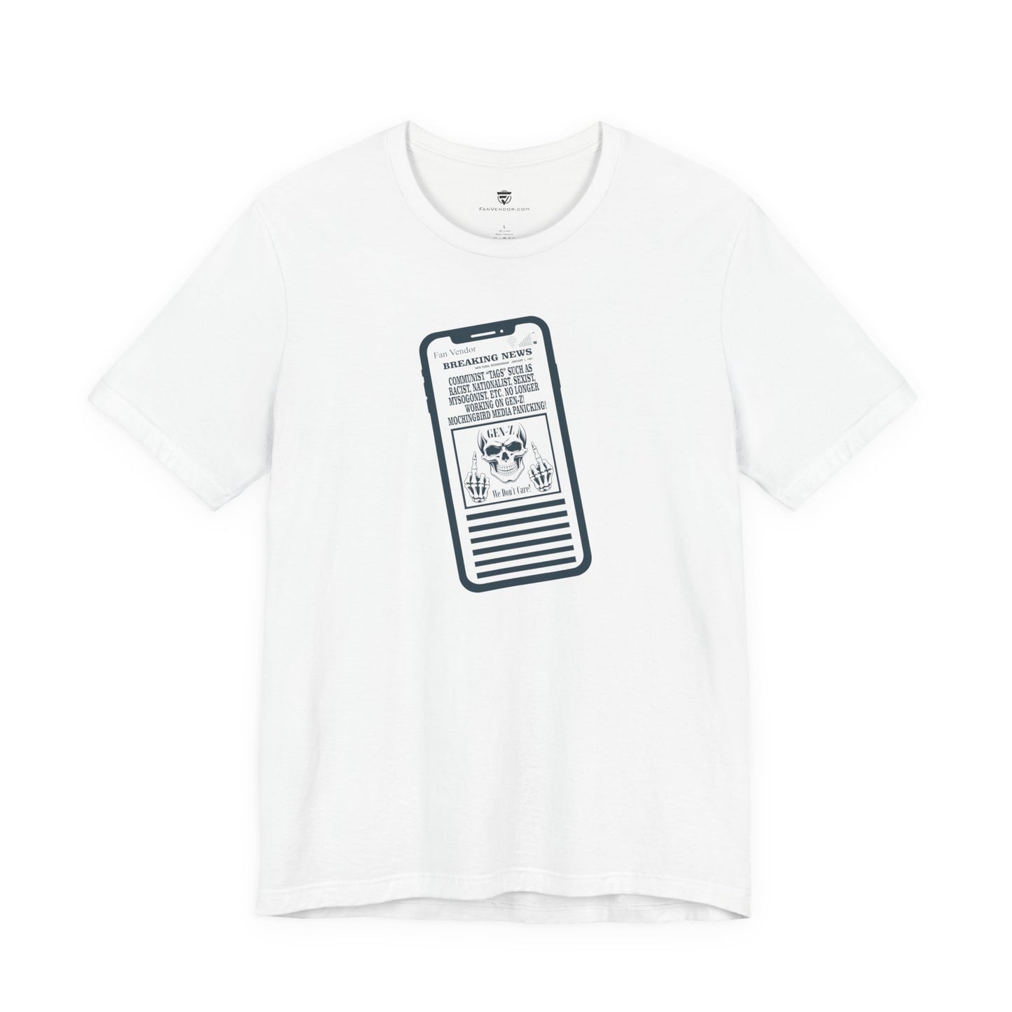 White t-shirt with a graphic of a smartphone displaying text on a white background