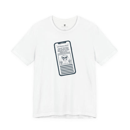 White t-shirt with a graphic of a smartphone displaying text on a white background