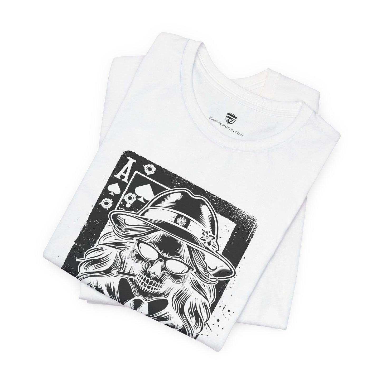 White t-shirt with black skull and hat graphic on a white background