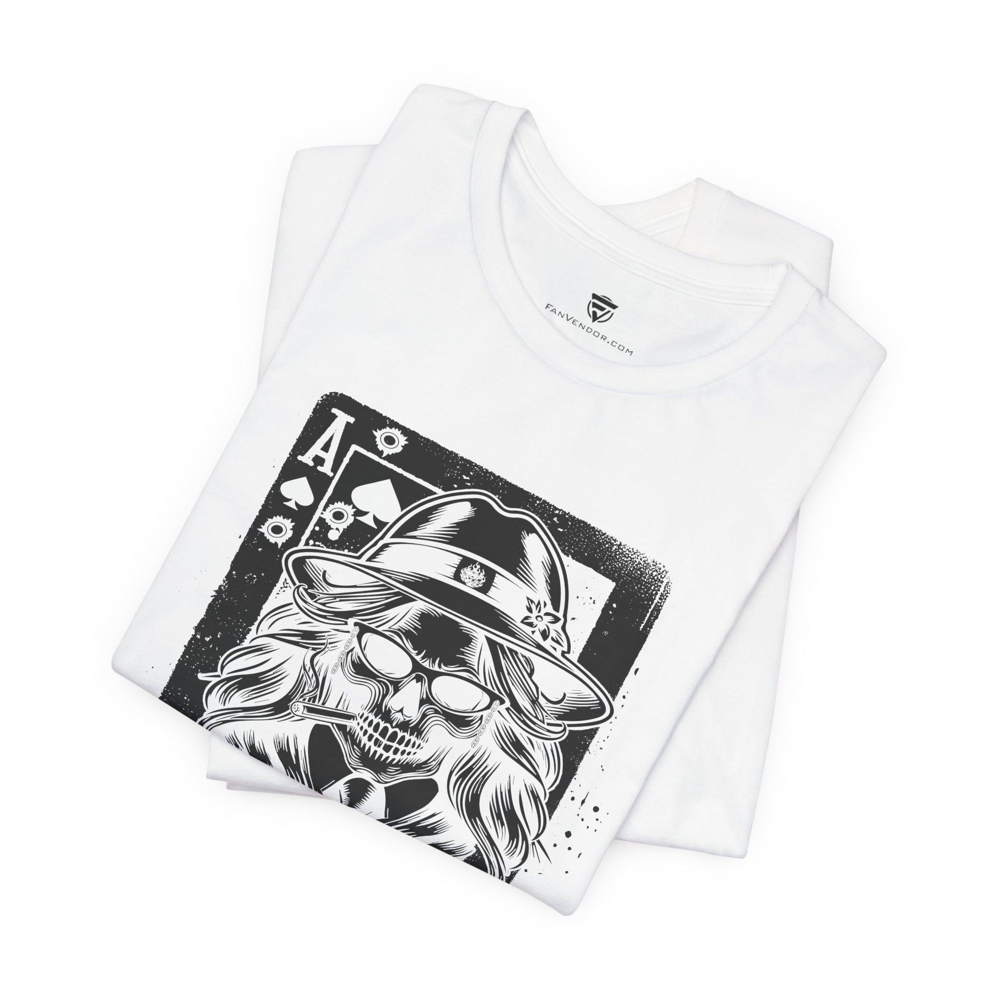 White t-shirt with black skull and hat graphic on a white background