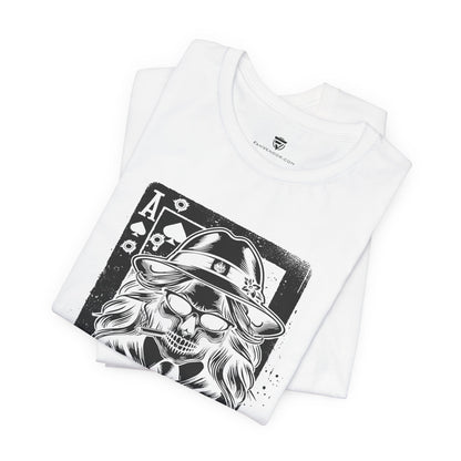 White t-shirt with black skull and hat graphic on a white background