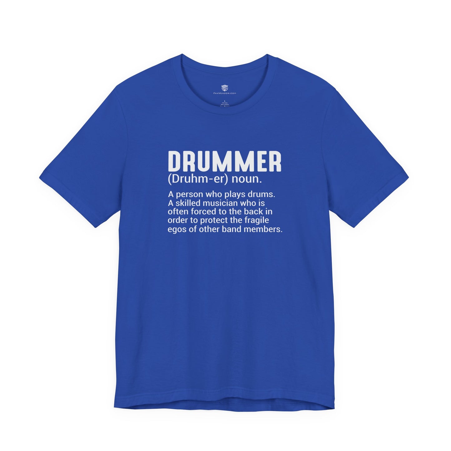 Blue t-shirt with text on a white background