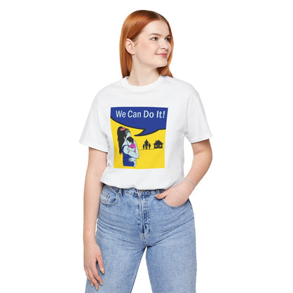 Person wearing a white t-shirt with a graphic design and text on a white background