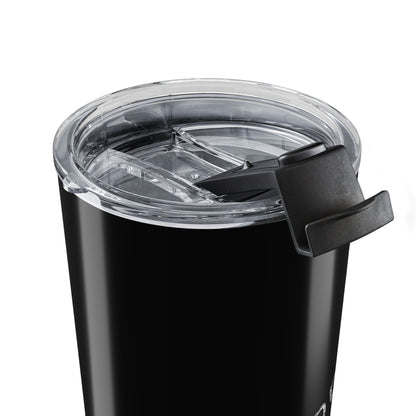 Black tumbler with clear lid on a white background
