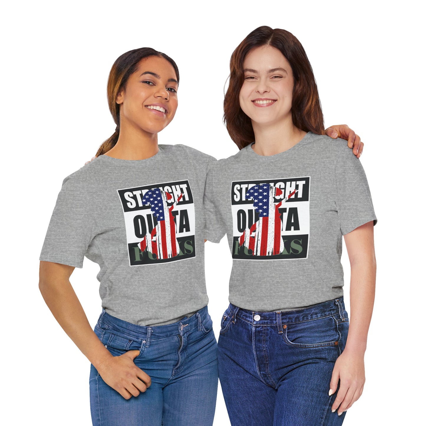 Two women wearing gray t-shirts with a graphic design on a white background