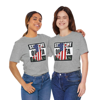 Two women wearing gray t-shirts with a graphic design on a white background