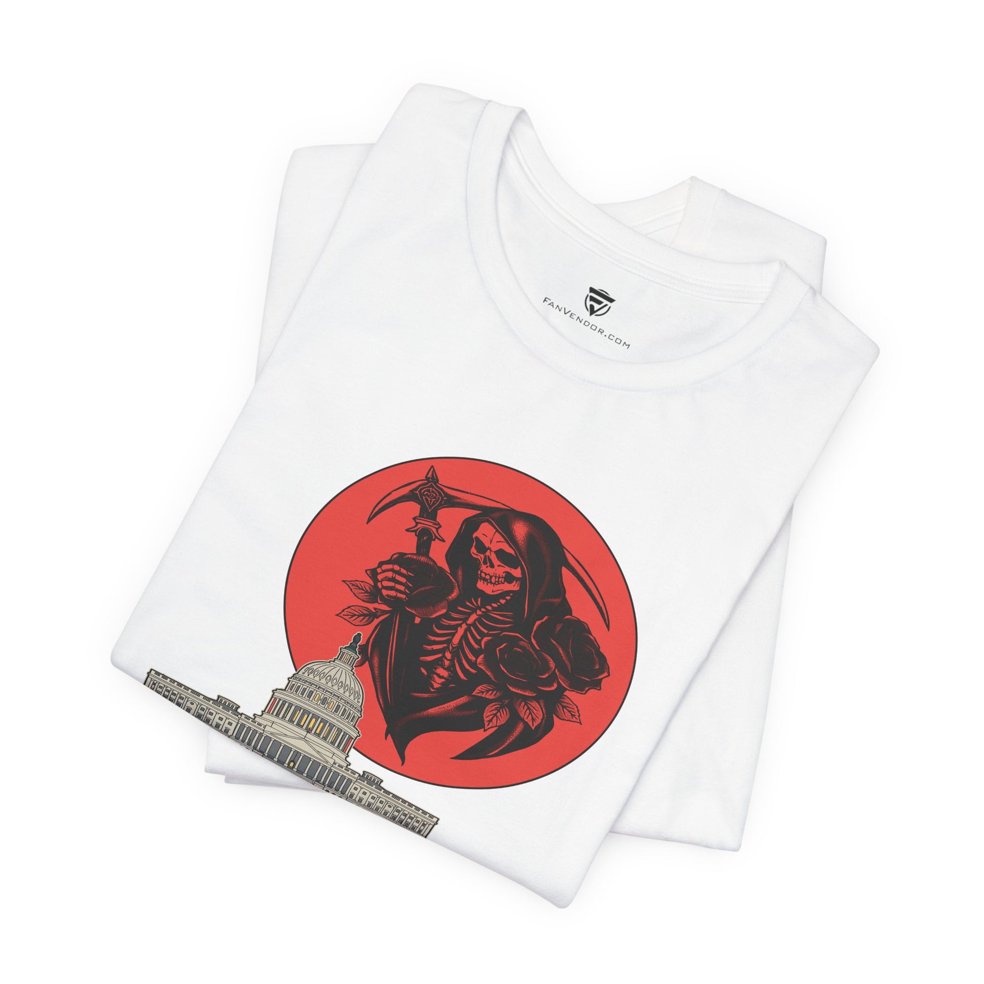 White t-shirt with red graphic design featuring a skeleton and Capitol building on a white background