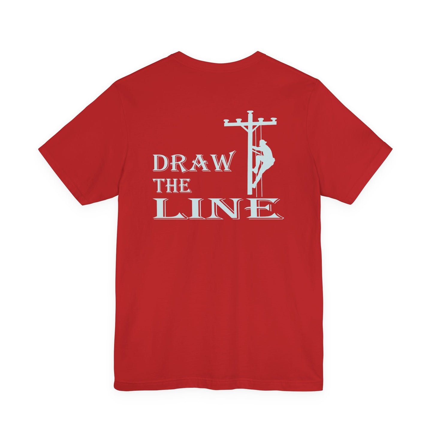 Red t-shirt with 'Draw the Line' graphic and text on a white background