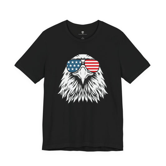 Black t-shirt with an eagle wearing American flag sunglasses design on a white background