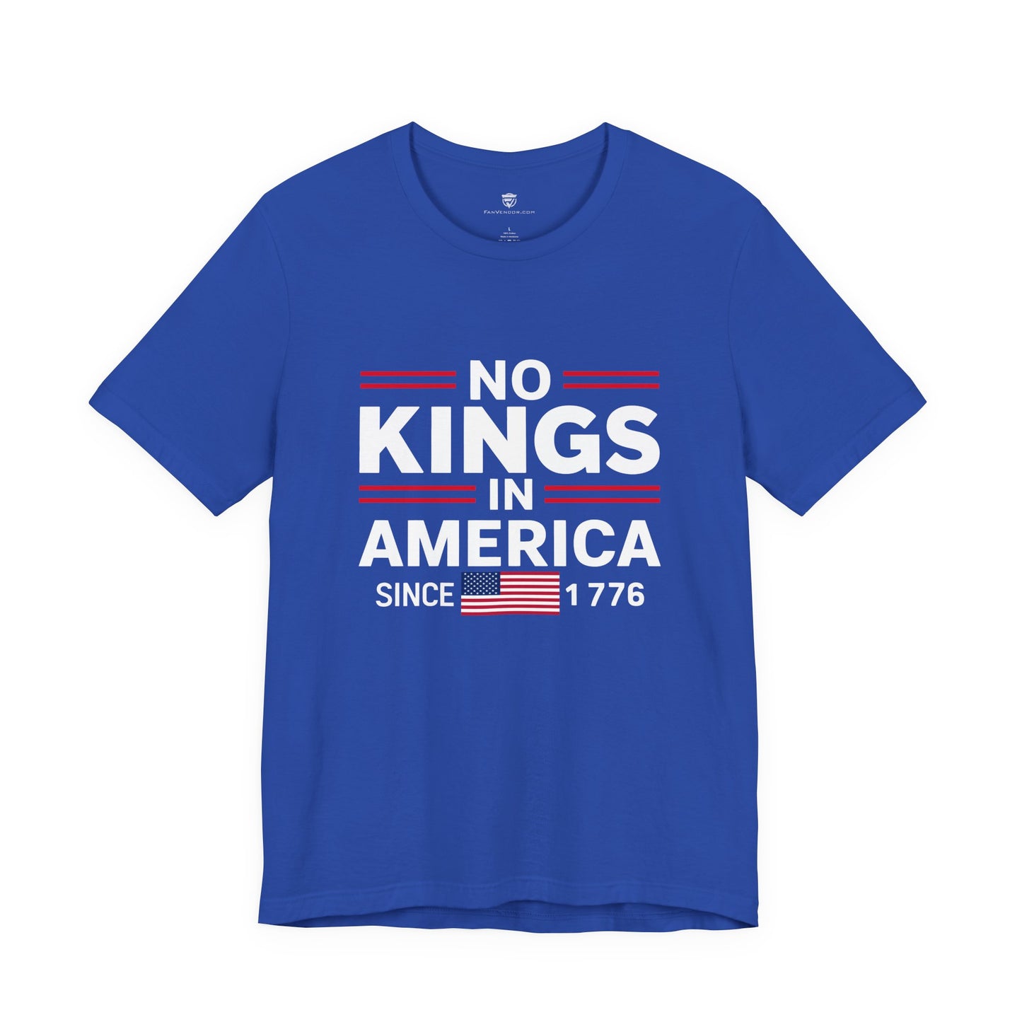 Blue t-shirt with 'No Kings in America Since 1776' text and American flag on a white background
