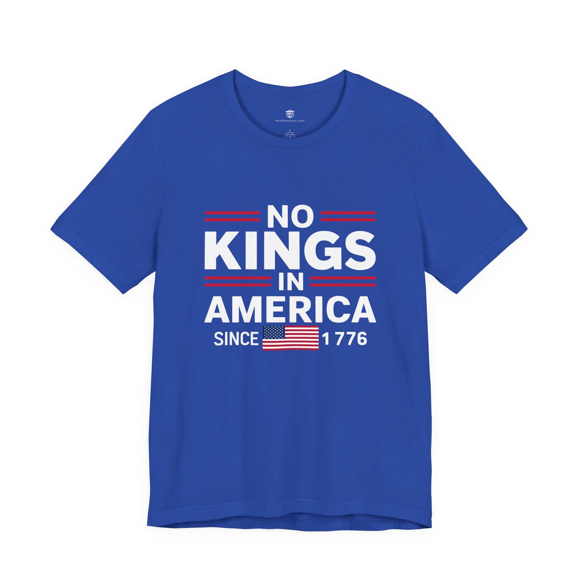 Blue t-shirt with 'No Kings in America Since 1776' text and American flag on a white background