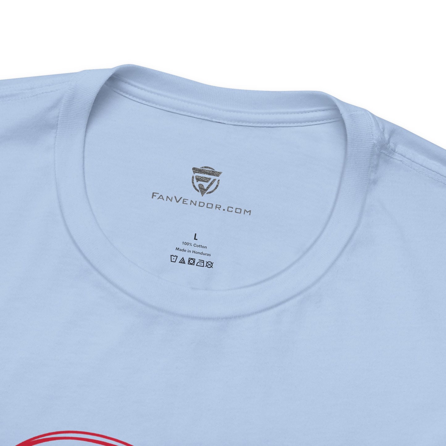 Light blue t-shirt with 'FanVendor.com' logo and text on the collar.