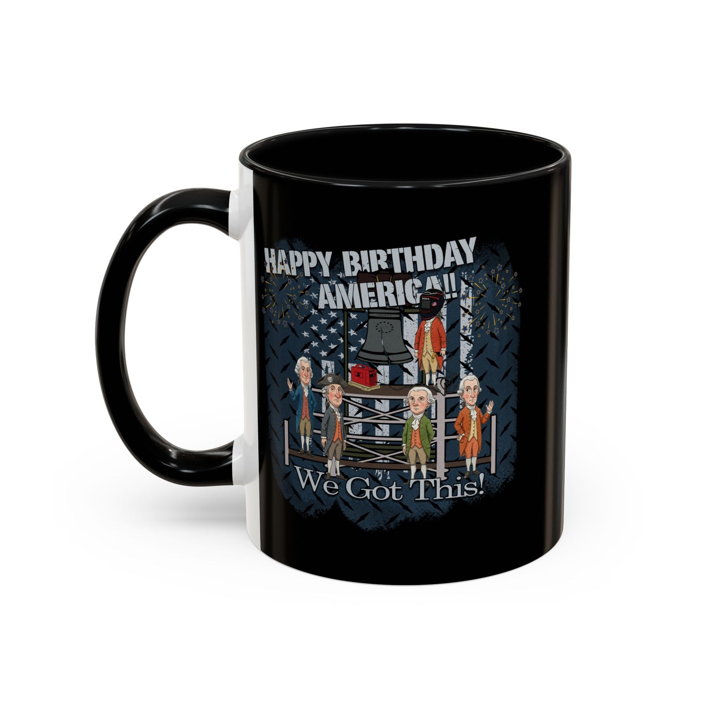 Black mug with a graphic design featuring people and text on a white background