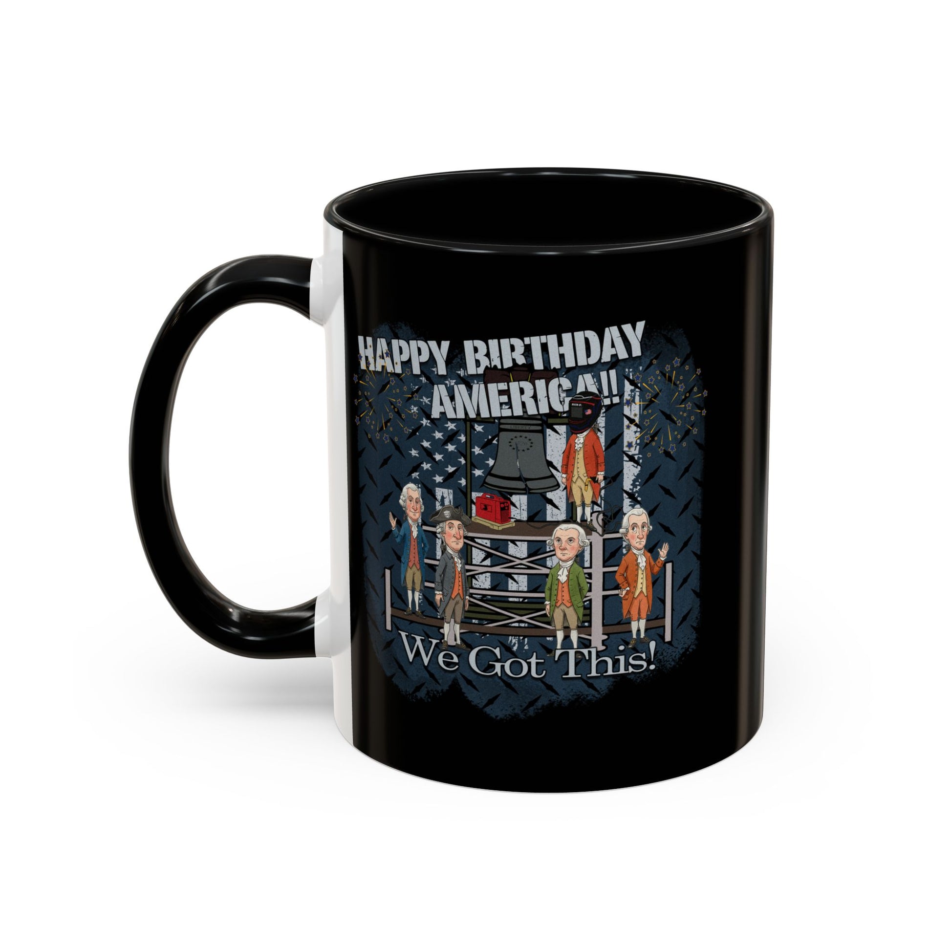 Black mug with a graphic design featuring people and text on a white background