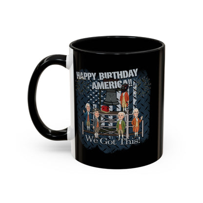 Black mug with a graphic design featuring people and text on a white background