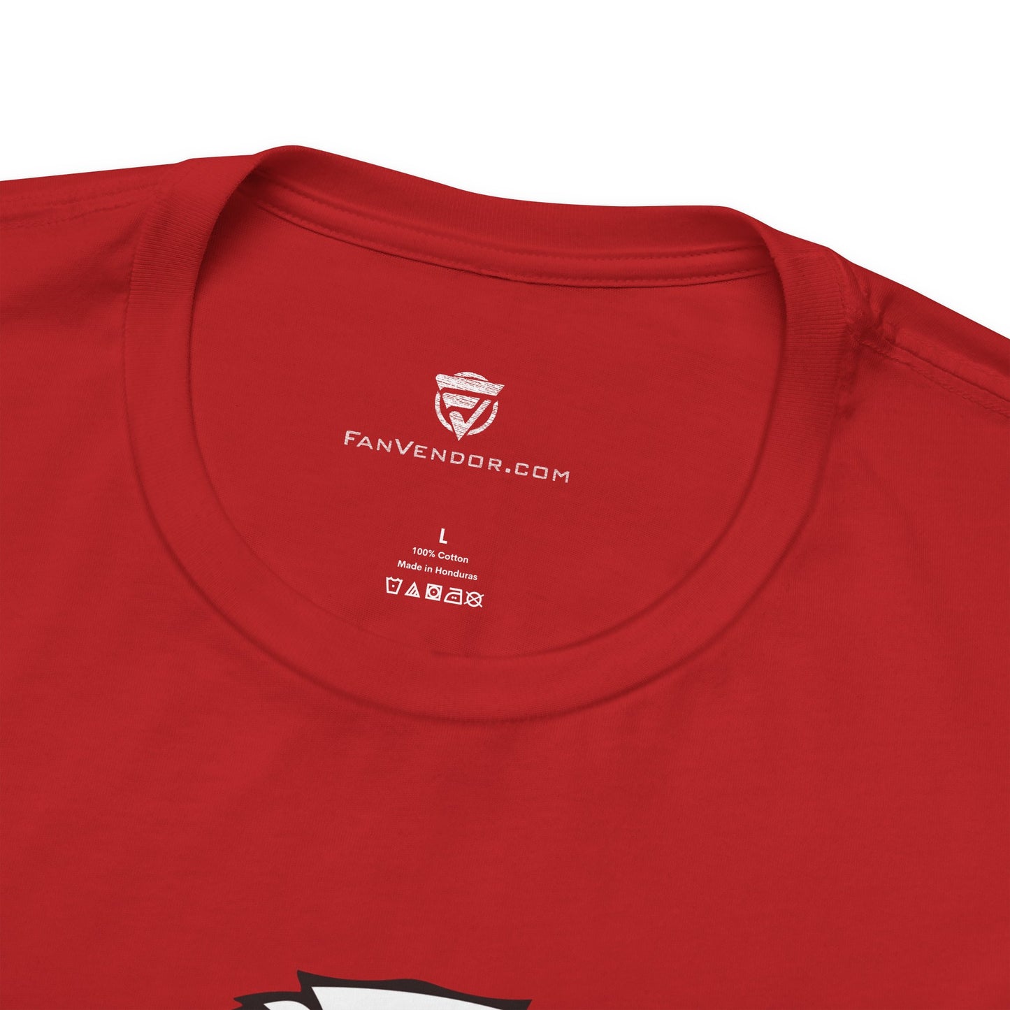 Red t-shirt with 'FanVendor.com' logo and text on a white background