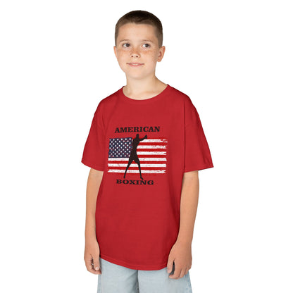 Child wearing a red t-shirt with 'American Boxing' design on a white background