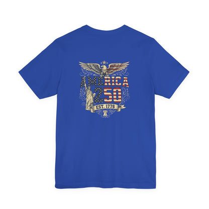 Blue t-shirt with American-themed design on the back, featuring an eagle and text, on a white background.