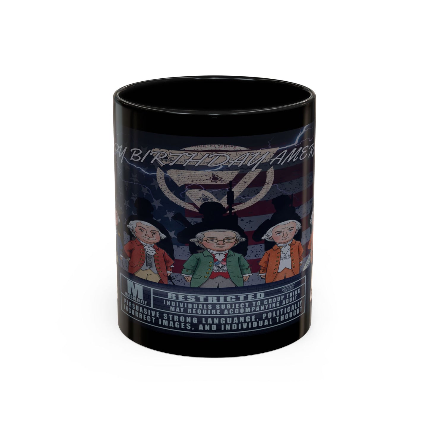 Black mug with graphic design featuring three figures and text on a white background