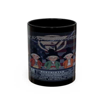 Black mug with graphic design featuring three figures and text on a white background