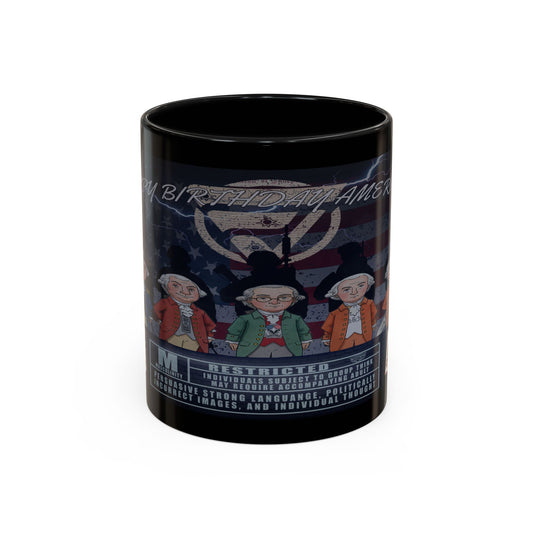 Black mug with graphic design featuring three figures and text on a white background