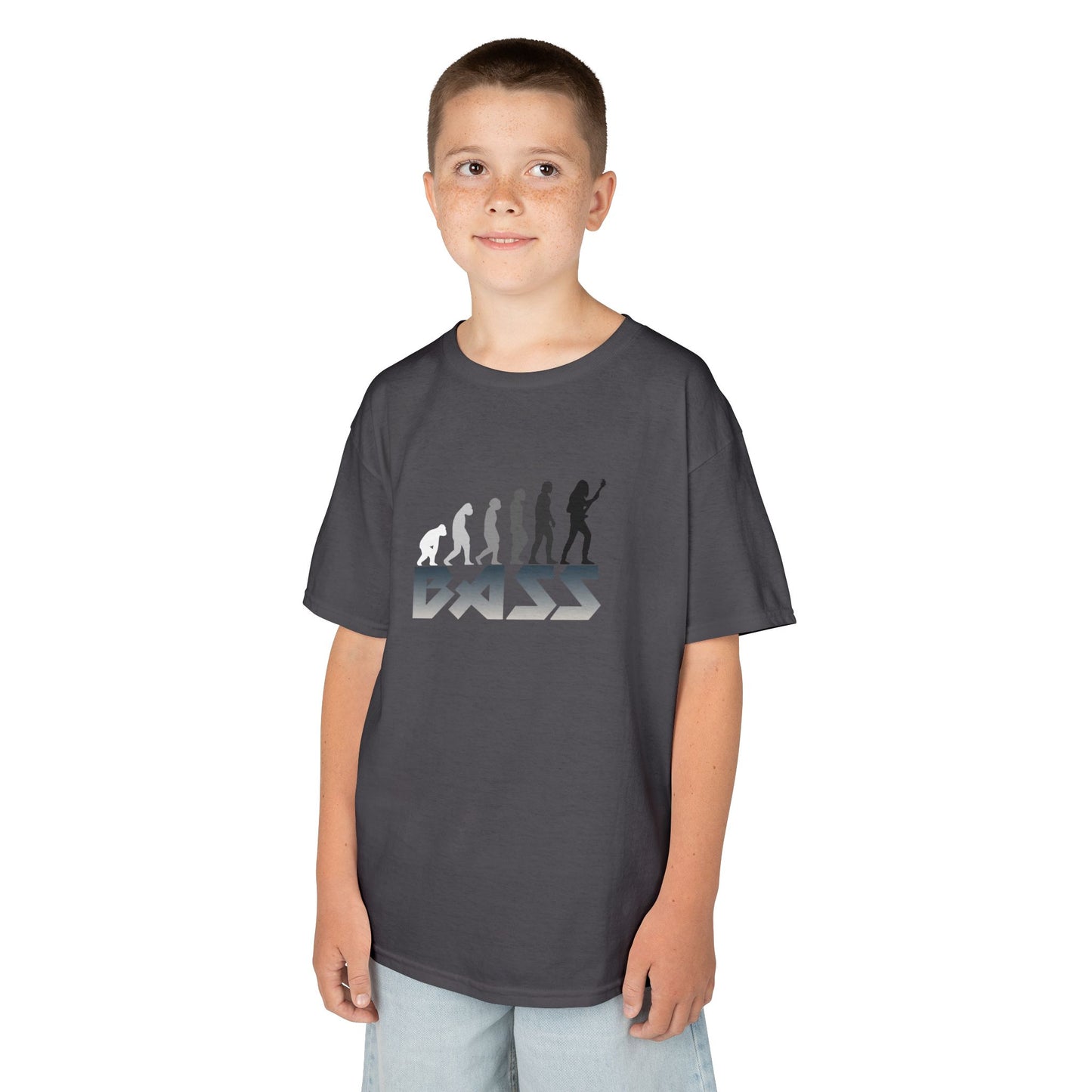 Child wearing a dark gray t-shirt with a graphic design on a white background