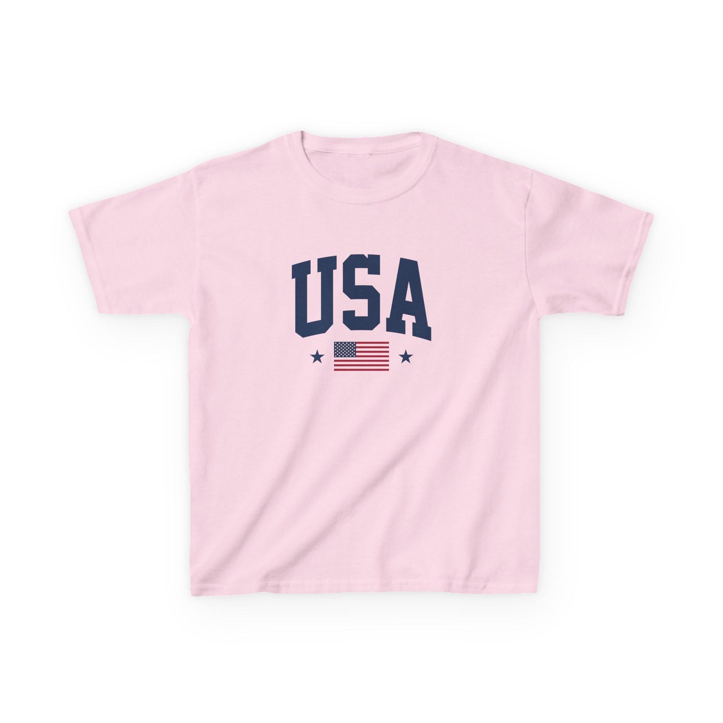 Pink t-shirt with 'USA' and American flag design on a white background