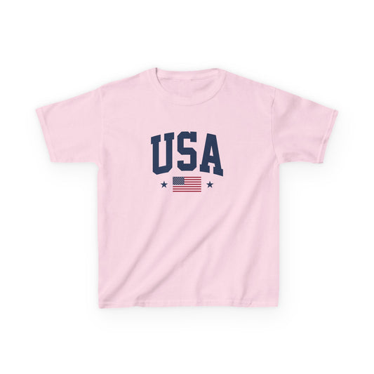 Pink t-shirt with 'USA' and American flag design on a white background