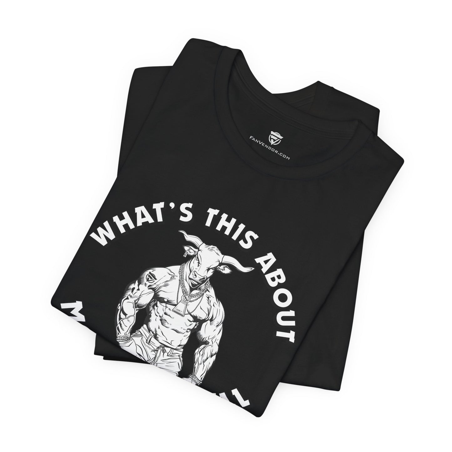 Black t-shirt with graphic design and text 'WHAT'S THIS ABOUT' on a white background