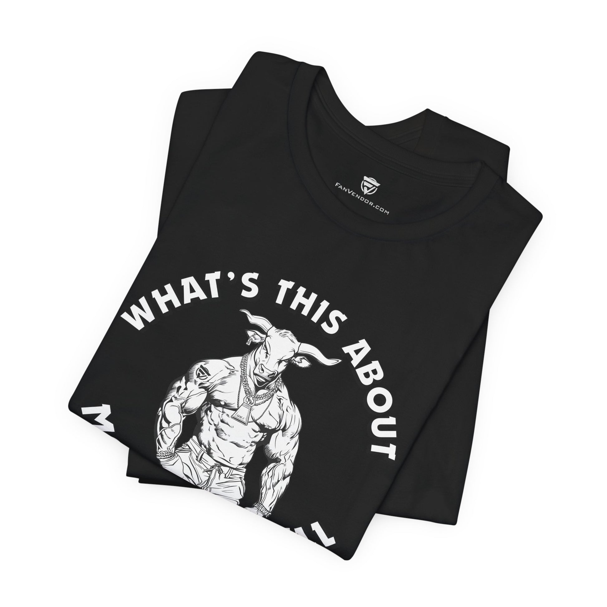 Black t-shirt with graphic design and text 'WHAT'S THIS ABOUT' on a white background