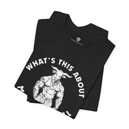 Black t-shirt with graphic design and text 'WHAT'S THIS ABOUT' on a white background