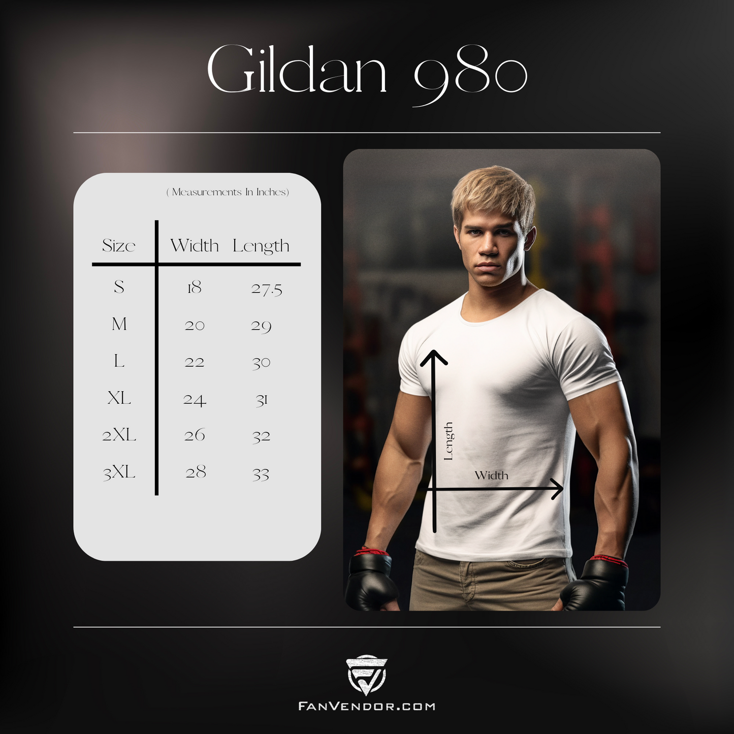 FanVendor Gildan 980 t-shirt size chart with a model wearing a white t-shirt.