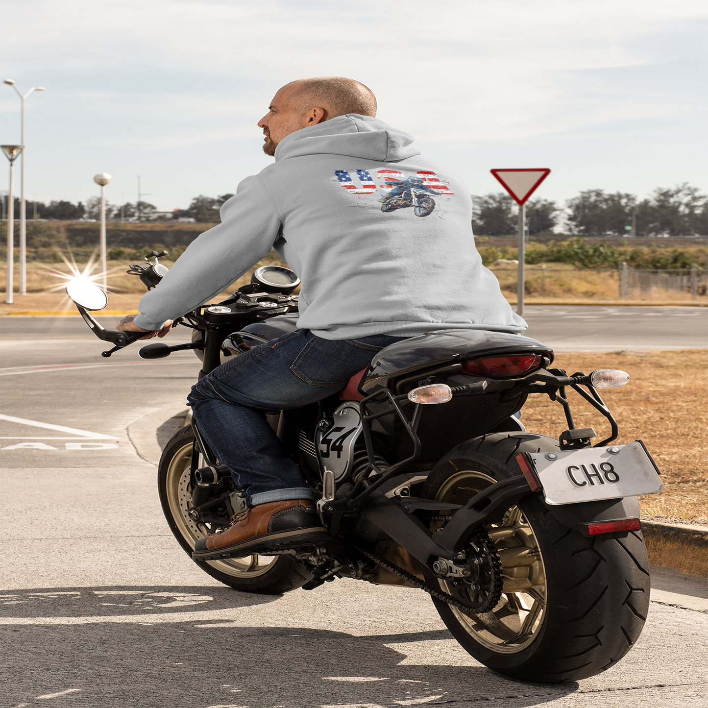 Unisex Hoodie Patriotic USA Dirt Bike Motorcycle Grey